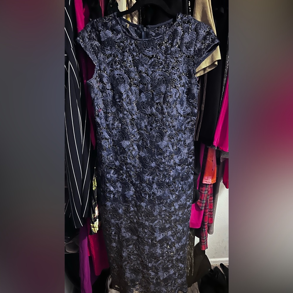 MARINA Navy Floral Lace Midi Dress with silver lining